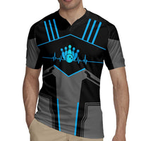 Custom Bowling Team Rugby Jersey with Blue Bowling Pin Heartbeat Graphic and Winged Emblem - Wonder Print Shop