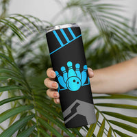 Custom Bowling Team Skinny Tumbler with Blue Bowling Pin Heartbeat Graphic and Winged Emblem - Wonder Print Shop