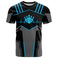 Custom Bowling Team T Shirt with Blue Bowling Pin Heartbeat Graphic and Winged Emblem - Wonder Print Shop