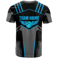 Custom Bowling Team T Shirt with Blue Bowling Pin Heartbeat Graphic and Winged Emblem - Wonder Print Shop