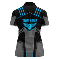 Custom Bowling Team Women Polo Shirt with Blue Bowling Pin Heartbeat Graphic and Winged Emblem - Wonder Print Shop