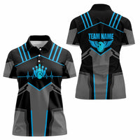 Custom Bowling Team Women Polo Shirt with Blue Bowling Pin Heartbeat Graphic and Winged Emblem - Wonder Print Shop