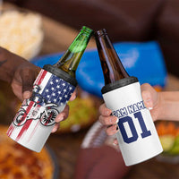 Motocross Rider Graphic Dirtbike Racing 4 in 1 Can Cooler Tumbler with Distressed American Flag and Custom Number - Wonder Print Shop