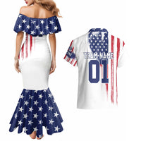 Motocross Rider Graphic Dirtbike Racing Couples Matching Mermaid Dress and Hawaiian Shirt with Distressed American Flag and Custom Number - Wonder Print Shop