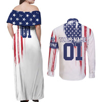 Motocross Rider Graphic Dirtbike Racing Couples Matching Off Shoulder Maxi Dress and Long Sleeve Button Shirt with Distressed American Flag and Custom Number - Wonder Print Shop