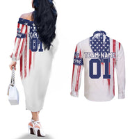 Motocross Rider Graphic Dirtbike Racing Couples Matching Off The Shoulder Long Sleeve Dress and Long Sleeve Button Shirt with Distressed American Flag and Custom Number - Wonder Print Shop