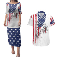 Motocross Rider Graphic Dirtbike Racing Couples Matching Puletasi and Hawaiian Shirt with Distressed American Flag and Custom Number - Wonder Print Shop