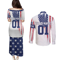Motocross Rider Graphic Dirtbike Racing Couples Matching Puletasi and Long Sleeve Button Shirt with Distressed American Flag and Custom Number - Wonder Print Shop