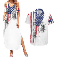 Motocross Rider Graphic Dirtbike Racing Couples Matching Summer Maxi Dress and Hawaiian Shirt with Distressed American Flag and Custom Number - Wonder Print Shop