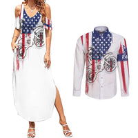 Motocross Rider Graphic Dirtbike Racing Couples Matching Summer Maxi Dress and Long Sleeve Button Shirt with Distressed American Flag and Custom Number - Wonder Print Shop