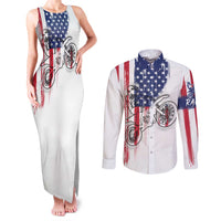 Motocross Rider Graphic Dirtbike Racing Couples Matching Tank Maxi Dress and Long Sleeve Button Shirt with Distressed American Flag and Custom Number - Wonder Print Shop