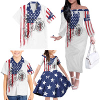 Motocross Rider Graphic Dirtbike Racing Family Matching Off The Shoulder Long Sleeve Dress and Hawaiian Shirt with Distressed American Flag and Custom Number - Wonder Print Shop