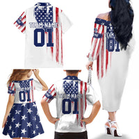 Motocross Rider Graphic Dirtbike Racing Family Matching Off The Shoulder Long Sleeve Dress and Hawaiian Shirt with Distressed American Flag and Custom Number - Wonder Print Shop