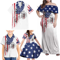 Motocross Rider Graphic Dirtbike Racing Family Matching Off Shoulder Maxi Dress and Hawaiian Shirt with Distressed American Flag and Custom Number - Wonder Print Shop