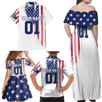 Motocross Rider Graphic Dirtbike Racing Family Matching Off Shoulder Maxi Dress and Hawaiian Shirt with Distressed American Flag and Custom Number - Wonder Print Shop