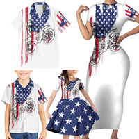 Motocross Rider Graphic Dirtbike Racing Family Matching Short Sleeve Bodycon Dress and Hawaiian Shirt with Distressed American Flag and Custom Number - Wonder Print Shop