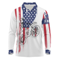 Motocross Rider Graphic Dirtbike Racing Long Sleeve Polo Shirt with Distressed American Flag and Custom Number - Wonder Print Shop