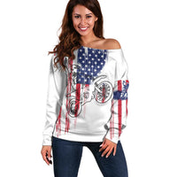 Motocross Rider Graphic Dirtbike Racing Off Shoulder Sweater with Distressed American Flag and Custom Number - Wonder Print Shop