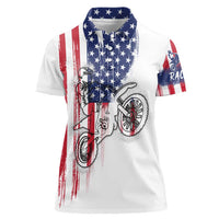 Motocross Rider Graphic Dirtbike Racing Women Polo Shirt with Distressed American Flag and Custom Number - Wonder Print Shop