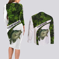 Crappie Fishing Green Camo Couples Matching Long Sleeve Bodycon Dress and Long Sleeve Button Shirt with Leaf Camouflage and Custom Name Design - Wonder Print Shop