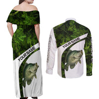 Crappie Fishing Green Camo Couples Matching Off Shoulder Maxi Dress and Long Sleeve Button Shirt with Leaf Camouflage and Custom Name Design - Wonder Print Shop