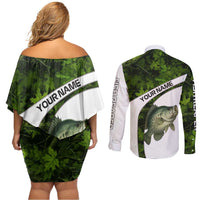 Crappie Fishing Green Camo Couples Matching Off Shoulder Short Dress and Long Sleeve Button Shirt with Leaf Camouflage and Custom Name Design - Wonder Print Shop