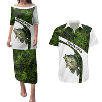 Crappie Fishing Green Camo Couples Matching Puletasi and Hawaiian Shirt with Leaf Camouflage and Custom Name Design - Wonder Print Shop