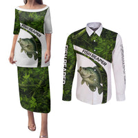 Crappie Fishing Green Camo Couples Matching Puletasi and Long Sleeve Button Shirt with Leaf Camouflage and Custom Name Design - Wonder Print Shop