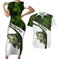 Crappie Fishing Green Camo Couples Matching Short Sleeve Bodycon Dress and Hawaiian Shirt with Leaf Camouflage and Custom Name Design - Wonder Print Shop