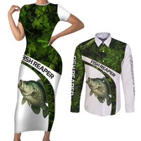 Crappie Fishing Green Camo Couples Matching Short Sleeve Bodycon Dress and Long Sleeve Button Shirt with Leaf Camouflage and Custom Name Design - Wonder Print Shop