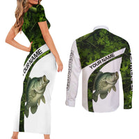 Crappie Fishing Green Camo Couples Matching Short Sleeve Bodycon Dress and Long Sleeve Button Shirt with Leaf Camouflage and Custom Name Design - Wonder Print Shop