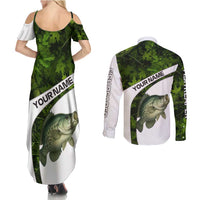Crappie Fishing Green Camo Couples Matching Summer Maxi Dress and Long Sleeve Button Shirt with Leaf Camouflage and Custom Name Design - Wonder Print Shop