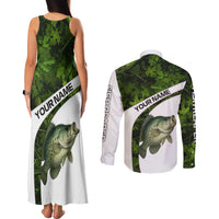 Crappie Fishing Green Camo Couples Matching Tank Maxi Dress and Long Sleeve Button Shirt with Leaf Camouflage and Custom Name Design - Wonder Print Shop