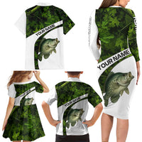 Crappie Fishing Green Camo Family Matching Long Sleeve Bodycon Dress and Hawaiian Shirt with Leaf Camouflage and Custom Name Design - Wonder Print Shop