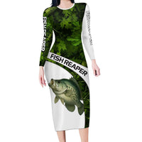 Crappie Fishing Green Camo Family Matching Long Sleeve Bodycon Dress and Hawaiian Shirt with Leaf Camouflage and Custom Name Design - Wonder Print Shop