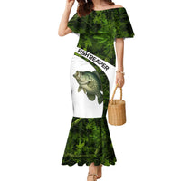 Crappie Fishing Green Camo Family Matching Mermaid Dress and Hawaiian Shirt with Leaf Camouflage and Custom Name Design - Wonder Print Shop