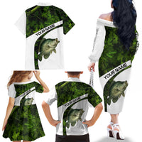 Crappie Fishing Green Camo Family Matching Off The Shoulder Long Sleeve Dress and Hawaiian Shirt with Leaf Camouflage and Custom Name Design - Wonder Print Shop