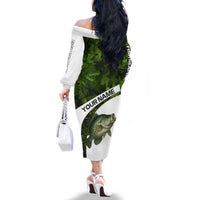Crappie Fishing Green Camo Family Matching Off The Shoulder Long Sleeve Dress and Hawaiian Shirt with Leaf Camouflage and Custom Name Design - Wonder Print Shop