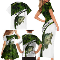 Crappie Fishing Green Camo Family Matching Short Sleeve Bodycon Dress and Hawaiian Shirt with Leaf Camouflage and Custom Name Design - Wonder Print Shop