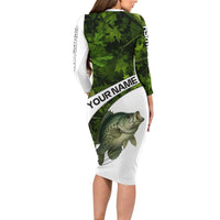 Crappie Fishing Green Camo Long Sleeve Bodycon Dress with Leaf Camouflage and Custom Name Design - Wonder Print Shop