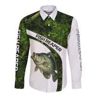 Crappie Fishing Green Camo Long Sleeve Button Shirt with Leaf Camouflage and Custom Name Design - Wonder Print Shop