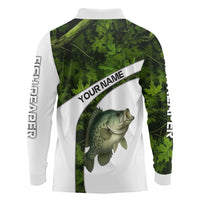 Crappie Fishing Green Camo Long Sleeve Polo Shirt with Leaf Camouflage and Custom Name Design - Wonder Print Shop