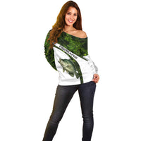 Crappie Fishing Green Camo Off Shoulder Sweater with Leaf Camouflage and Custom Name Design - Wonder Print Shop