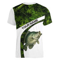 Crappie Fishing Green Camo Women V-Neck T-Shirt with Leaf Camouflage and Custom Name Design - Wonder Print Shop