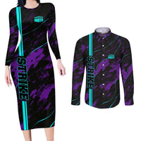 Strike Bowling Graphic Couples Matching Long Sleeve Bodycon Dress and Long Sleeve Button Shirt with Purple Black Marble Texture and Custom Team Name - Wonder Print Shop