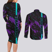 Strike Bowling Graphic Couples Matching Long Sleeve Bodycon Dress and Long Sleeve Button Shirt with Purple Black Marble Texture and Custom Team Name - Wonder Print Shop