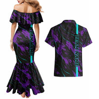 Strike Bowling Graphic Couples Matching Mermaid Dress and Hawaiian Shirt with Purple Black Marble Texture and Custom Team Name - Wonder Print Shop