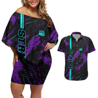 Strike Bowling Graphic Couples Matching Off Shoulder Short Dress and Hawaiian Shirt with Purple Black Marble Texture and Custom Team Name - Wonder Print Shop
