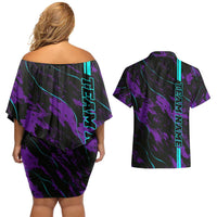 Strike Bowling Graphic Couples Matching Off Shoulder Short Dress and Hawaiian Shirt with Purple Black Marble Texture and Custom Team Name - Wonder Print Shop