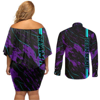 Strike Bowling Graphic Couples Matching Off Shoulder Short Dress and Long Sleeve Button Shirt with Purple Black Marble Texture and Custom Team Name - Wonder Print Shop